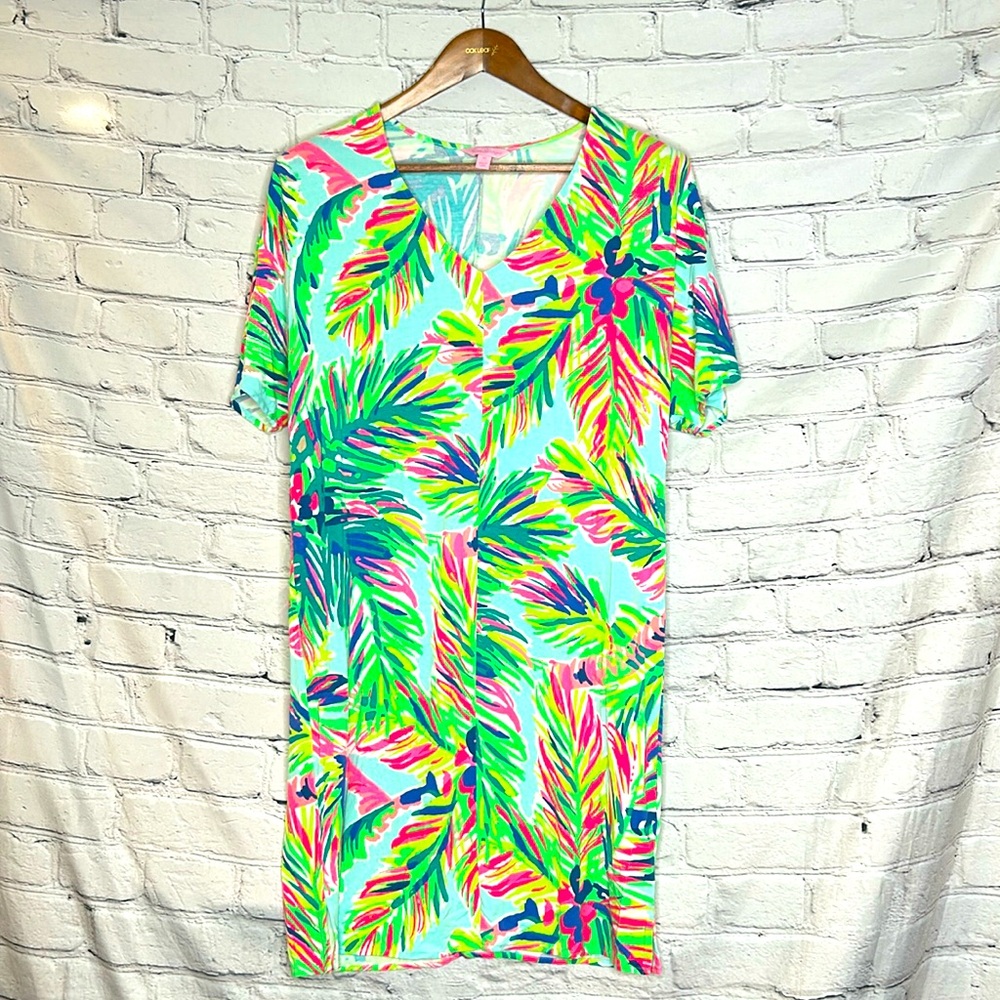 Lilly Pulitzer Blue Green Pink Palm Tree V-Neck T-Shirt Dress Size X-Small